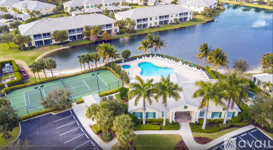 A tennis court is surrounded by palm trees and a pool.