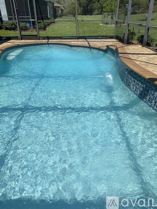 A swimming pool with a wooden deck and a glass fence.