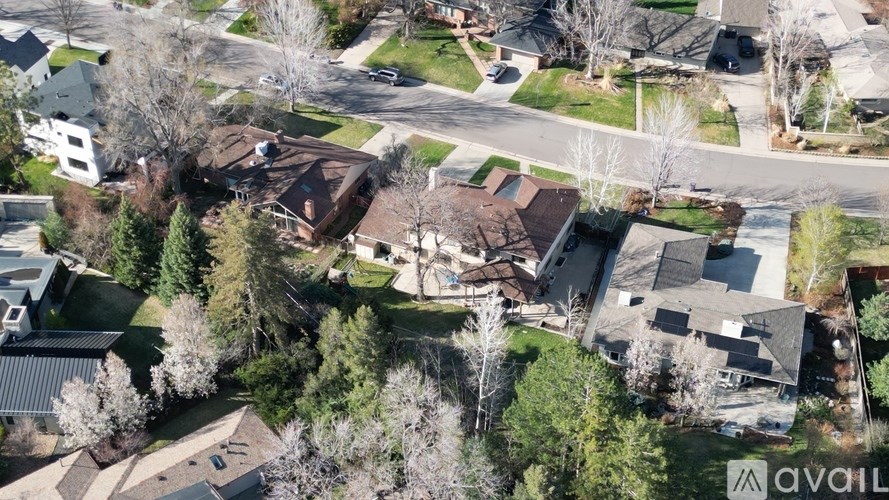 A bird's eye view of a suburban neighborhood with houses and trees.