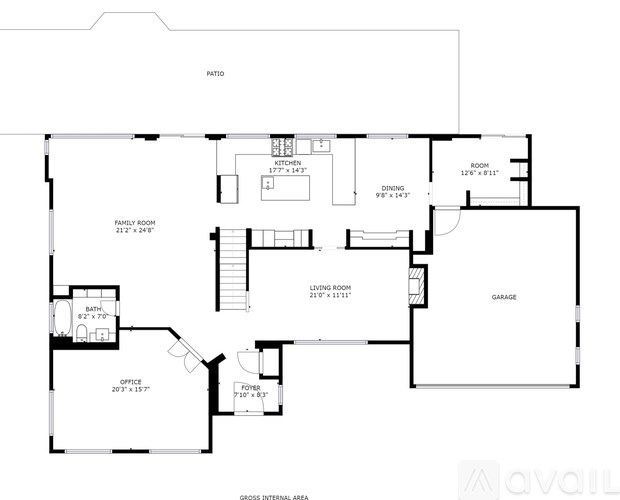 A floor plan of a house with a garage and a family room.