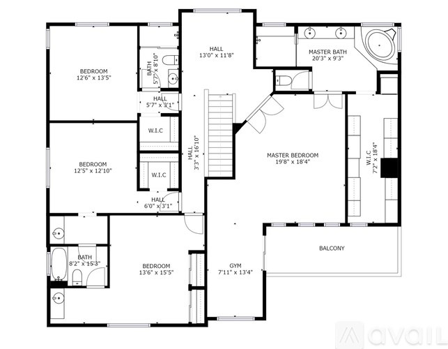 A floor plan of an apartment with a master bedroom, two other bedrooms, a balcony, and a gym.