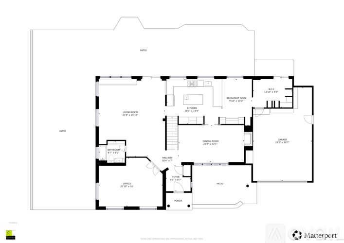 A floor plan of a house with a kitchen, living room, and two bedrooms.