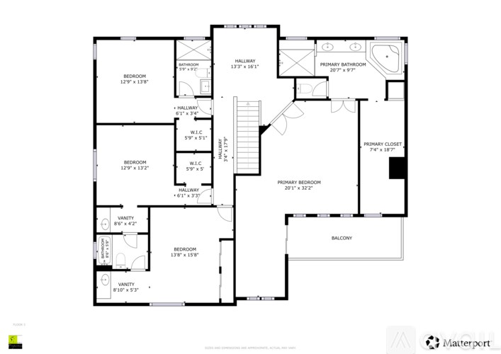 A floor plan of an apartment with two bedrooms, two bathrooms, a living room, a kitchen, a dining room, a balcony, and a garage.