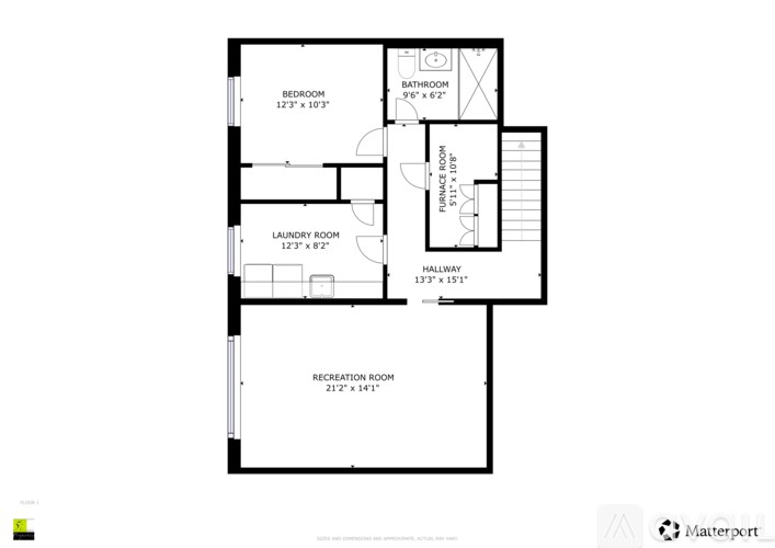 A floor plan of a house with a bedroom, bathroom, laundry room, hallway, and two rooms labeled as bedroom and bathroom.