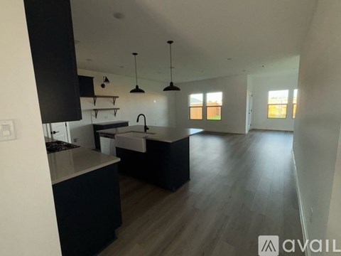 A modern kitchen with black cabinets and a wooden floor.