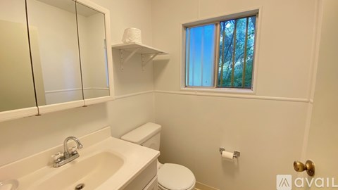 A bathroom with a toilet, sink, and a window.