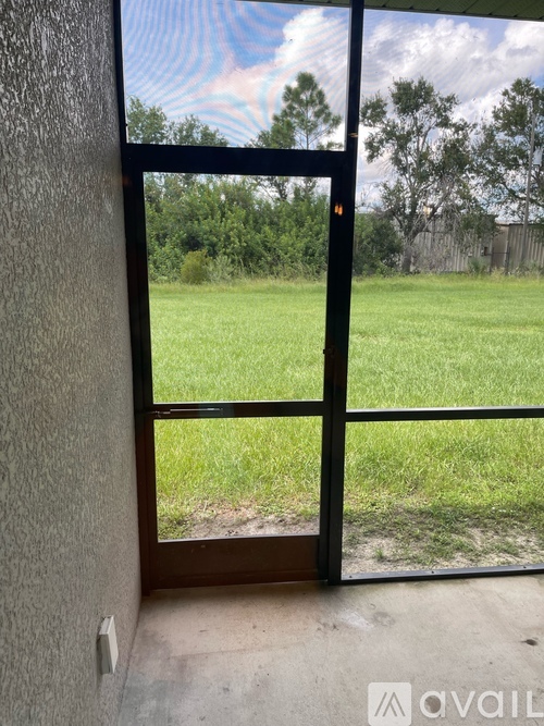 A view of a grassy field through a sliding glass door.