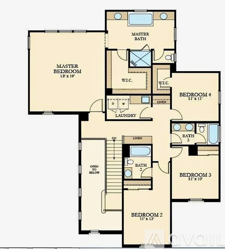 A floor plan of a house with a master bedroom and three other bedrooms.