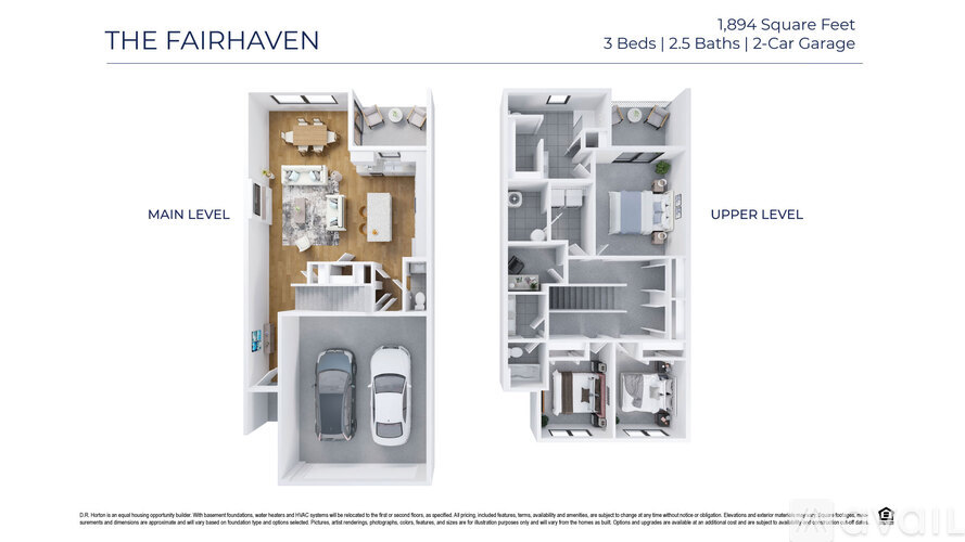 A diagram shows the layout of a 3 bedroom, 2.5 bathroom apartment with a 2-car garage.