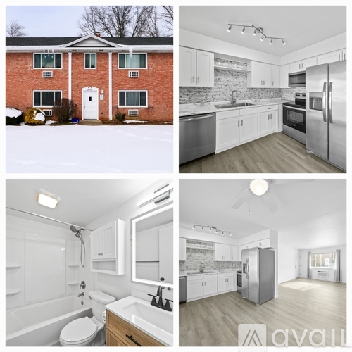 A collage of four images showing the exterior and interior of a house for sale.