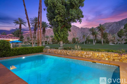 A pool surrounded by palm trees and a mountain in the background.