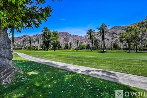 A pathway in a park with palm trees and mountains in the background.