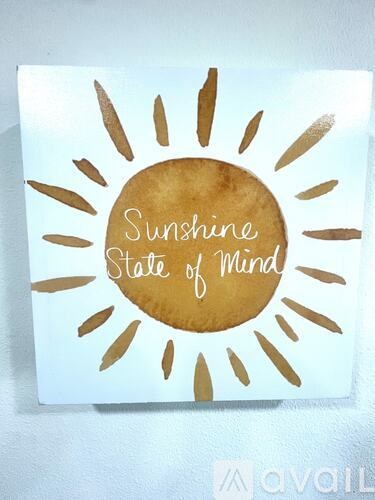 A white canvas with a sun design and the words Sunshine State of Mind written on it.