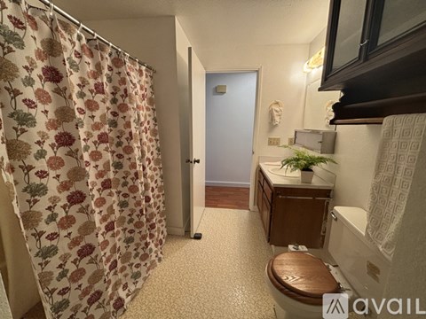 A bathroom with a floral shower curtain and a toilet.