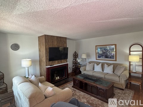 A living room with a fireplace and a couch.
