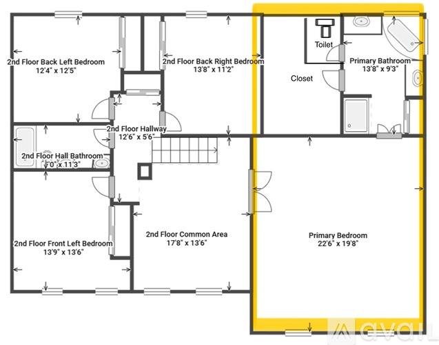 A floor plan of a two-story house with labeled rooms and dimensions.