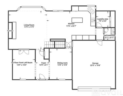 A floor plan of a house with a living room, kitchen, dining room, and two bathrooms.
