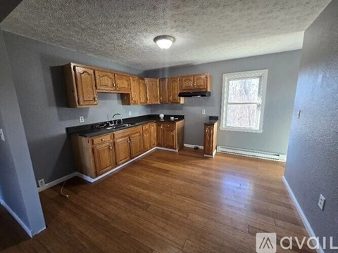 A kitchen with wooden cabinets and a window.