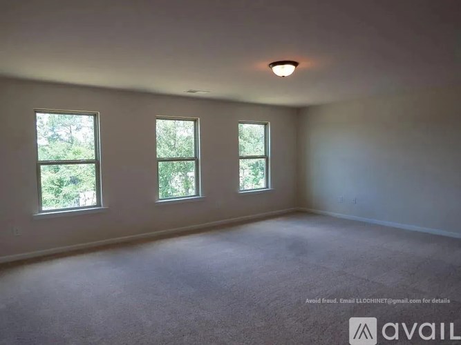 A room with three windows and a carpeted floor.