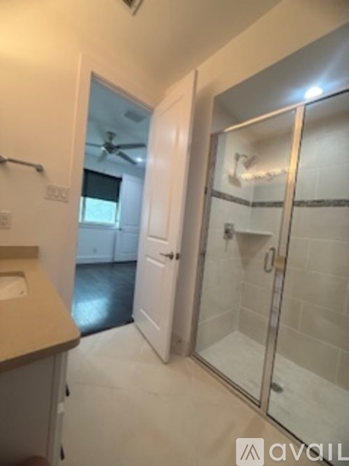 A bathroom with a walk-in shower and a white door.