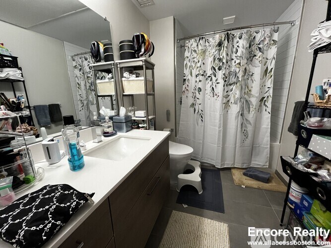 A bathroom with a sink, toilet, and shower curtain.