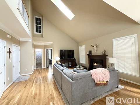A living room with a grey couch and a fireplace.