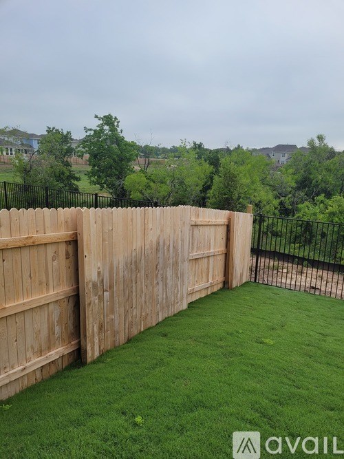 A backyard with a wooden fence and green grass.