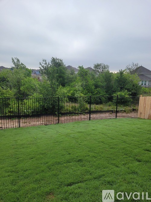 A backyard with a black fence and green grass.