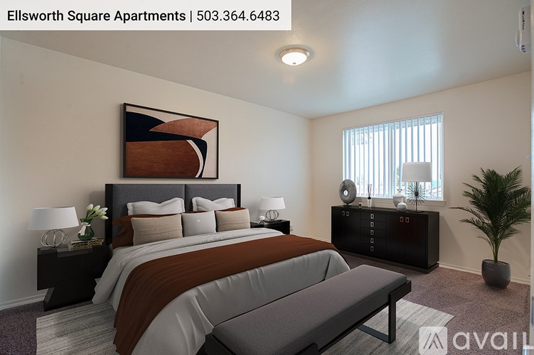 A bedroom with a large bed and a painting on the wall.