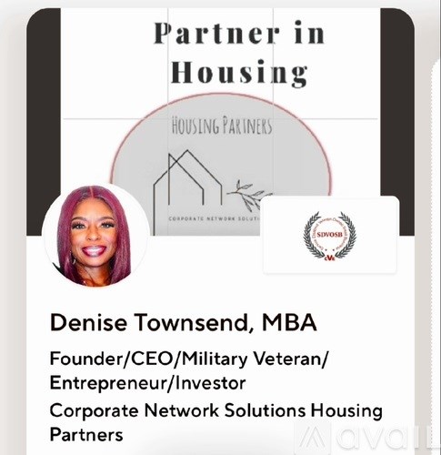 A business card for Denise Townsend, MBA, who is the founder/CEO of Corporate Network Solutions Housing Partners.