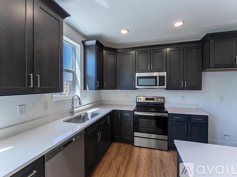A kitchen with black cabinets and stainless steel appliances.