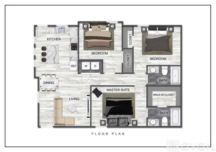 A floor plan of a home with a kitchen, dining room, living room, two bedrooms, a master suite with a bath, and a walk-in closet.