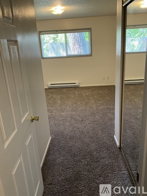 A room with a carpeted floor and a window with a screen.