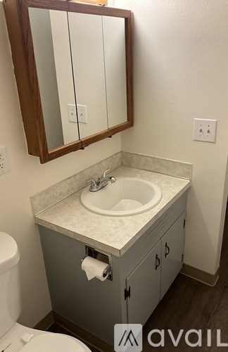 A bathroom with a sink, toilet and mirror.