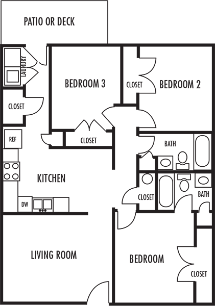 Three Bedroom Floor Plan Three Bedroom Floor Plan at Woodbrook Apartments in Monroe, North Carolina, NC