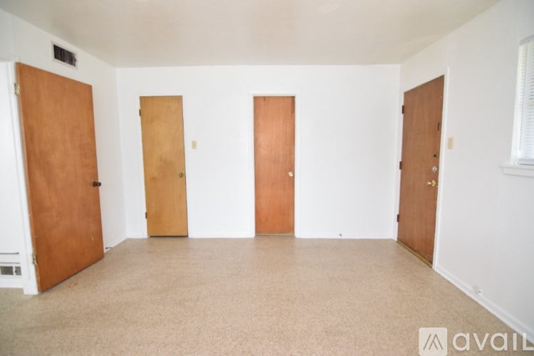 Three brown doors in a white room.