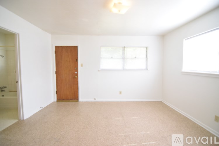 A room with a brown door and a window.