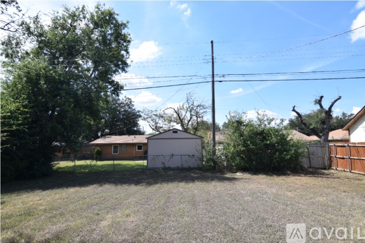 A backyard with a fence, a tree, and a utility pole.