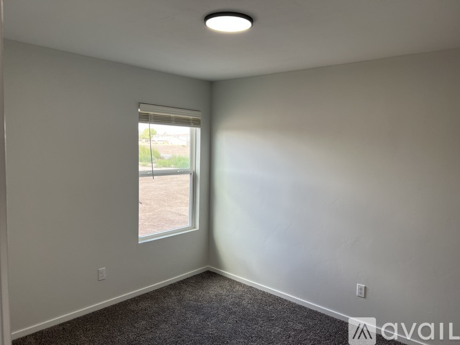 A room with a window and a carpeted floor.