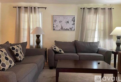 A living room with two grey couches and a coffee table.