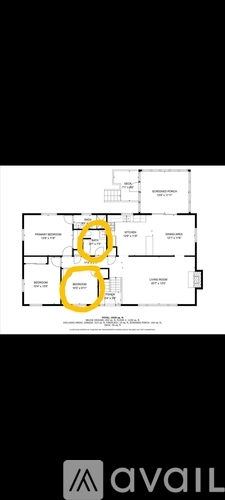A floor plan with three yellow circles highlighting specific areas.