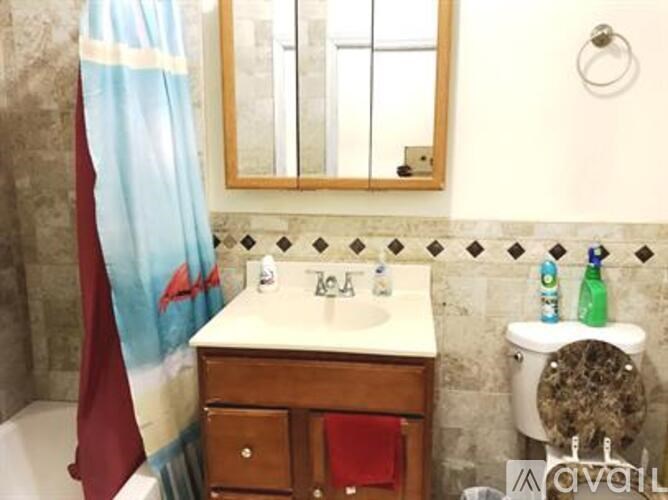 A bathroom with a white sink and a red shower curtain.