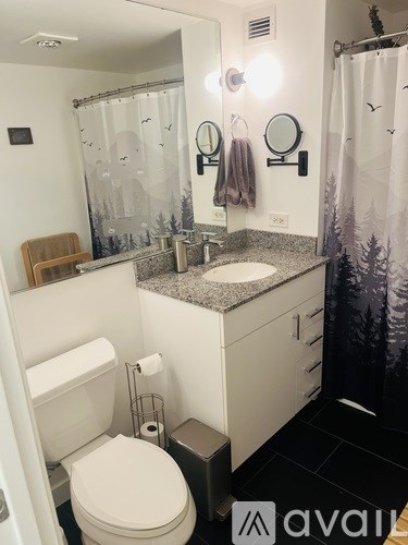 A bathroom with a toilet, sink, mirror, and shower curtain.
