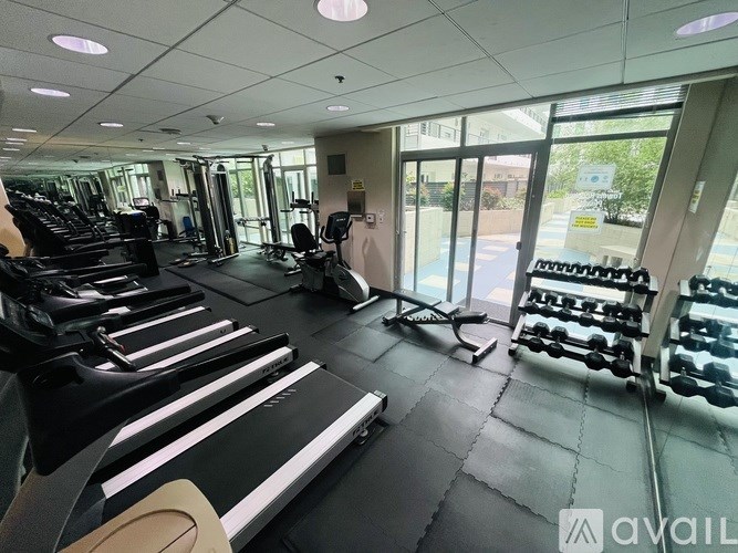 A gym with treadmills, weights, and exercise equipment.