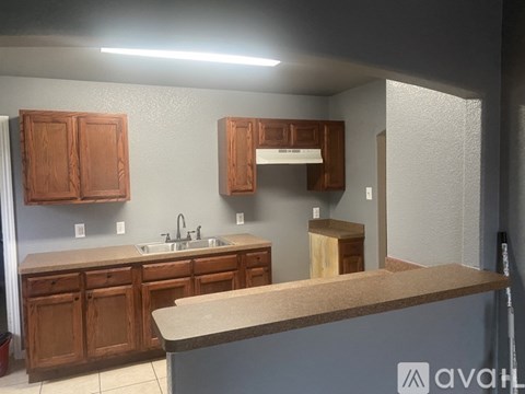 A kitchen with wooden cabinets and a counter.