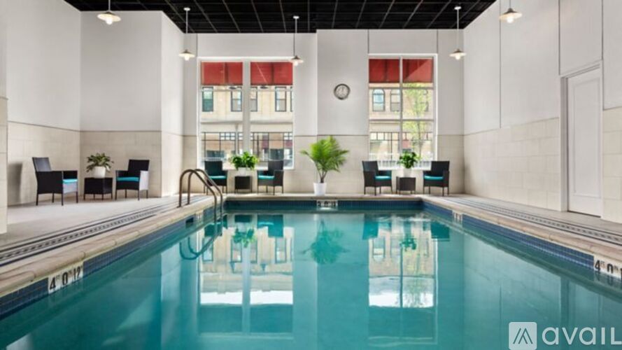 A large indoor swimming pool with lounge chairs and plants.