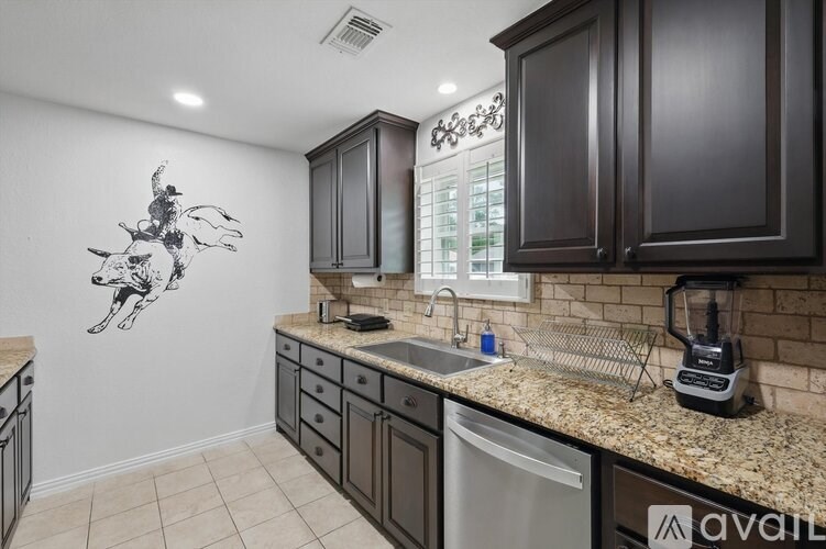 A kitchen with a wall mural of a horse and a sink with a faucet.