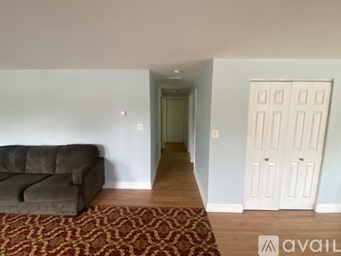 A living room with a couch and a rug in front of a white door.