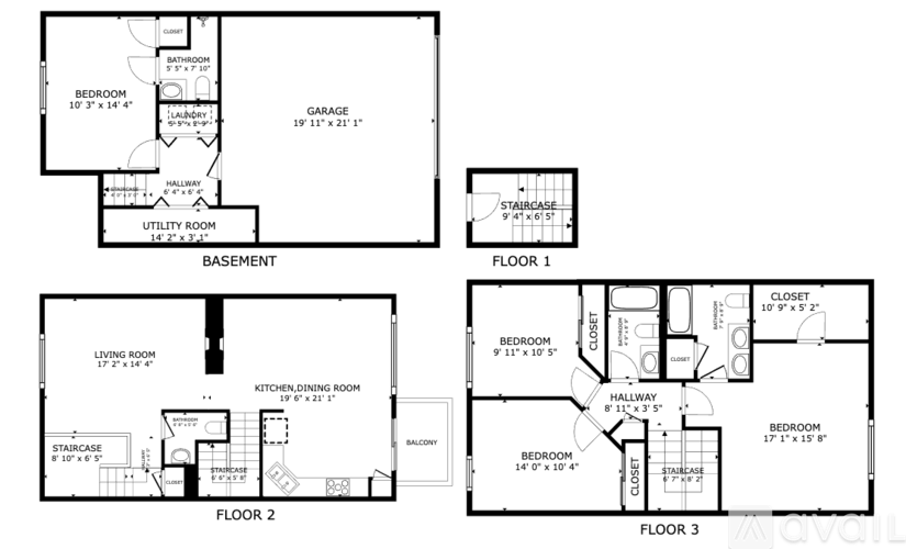 A floor plan of a house with three bedrooms and a garage.