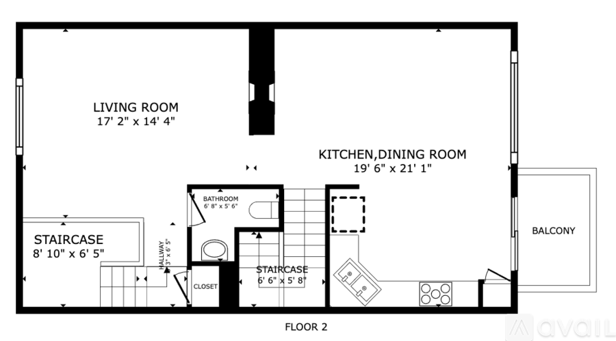 A floor plan of a two-story apartment with a living room, kitchen, dining room, bathroom, staircase, and closet.
